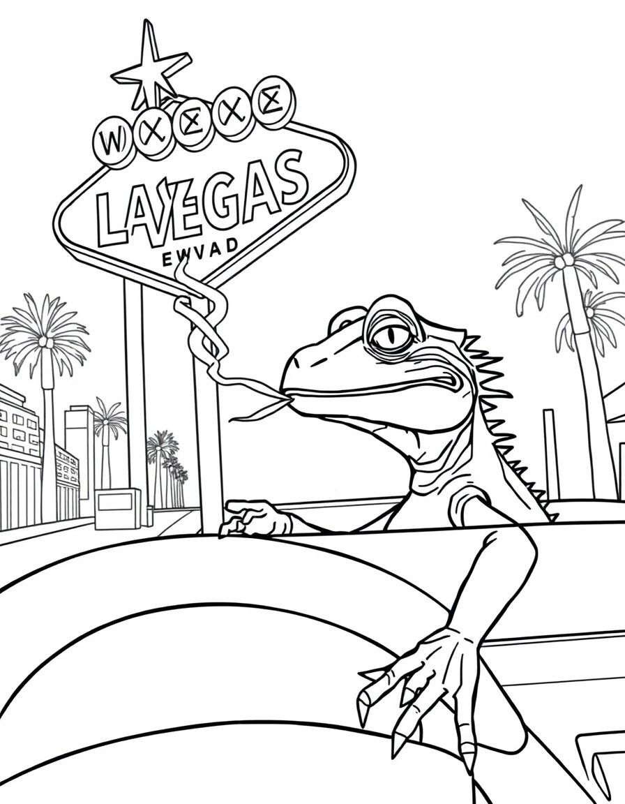 A lizard smoking a joint driving down Las Vegas Boulevard