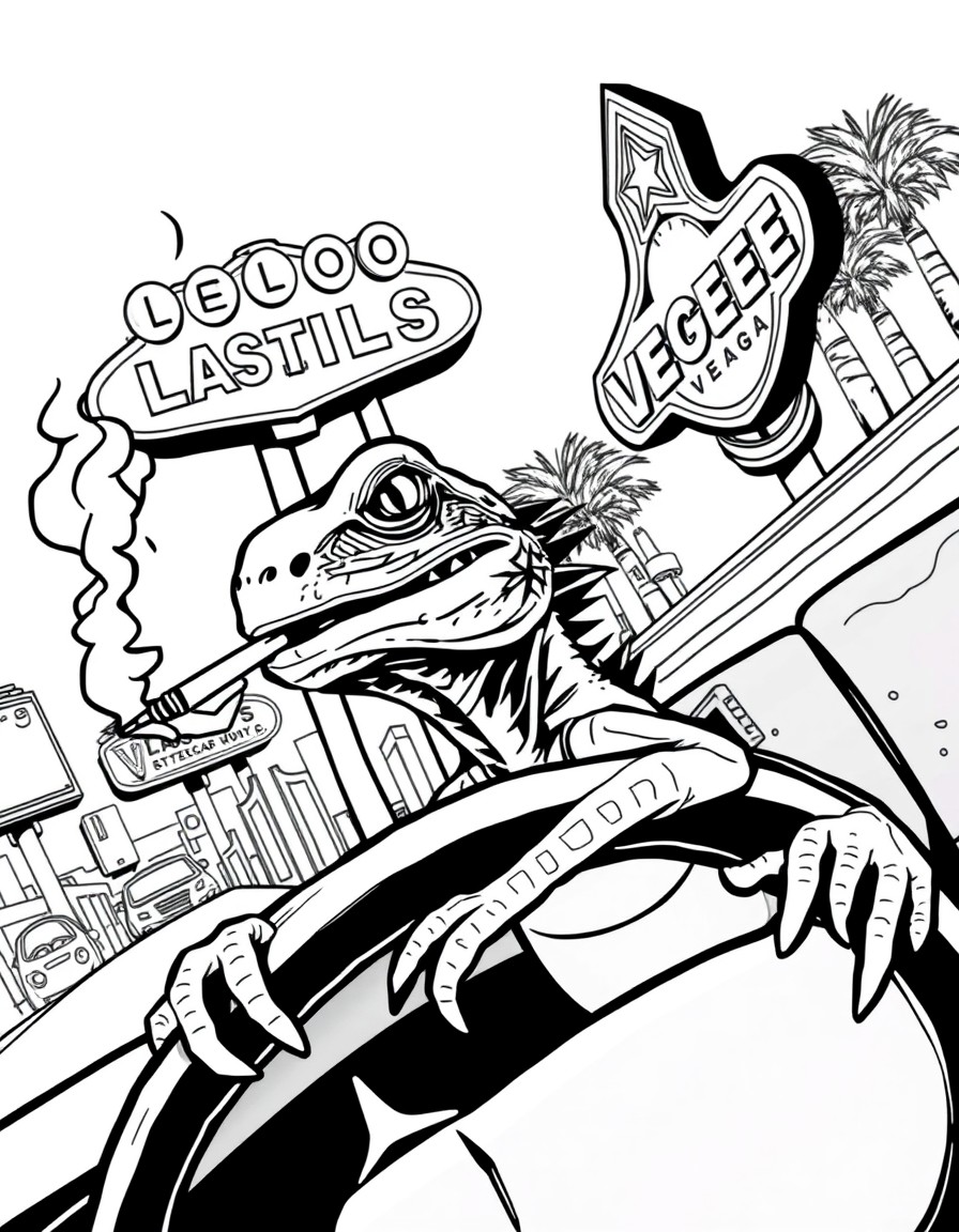 A lizard smoking a joint driving down Las Vegas Boulevard