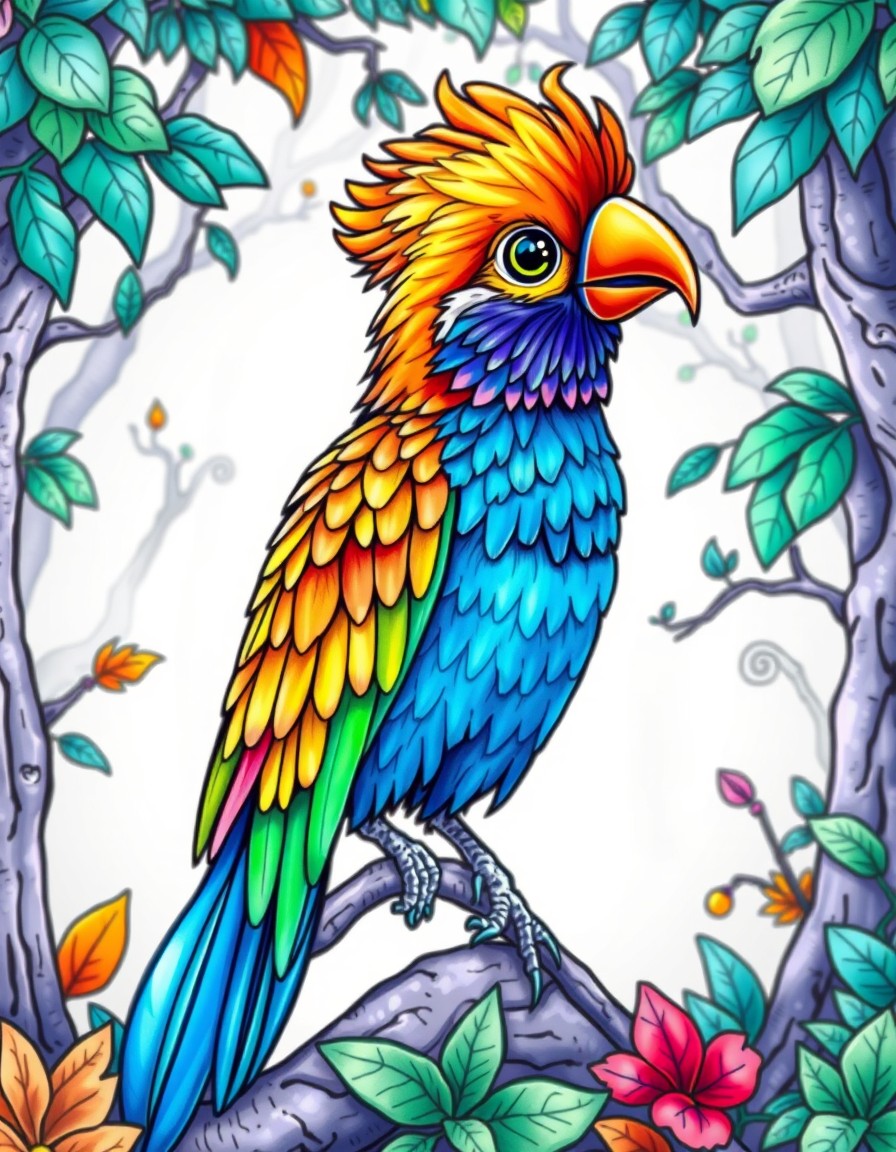 colorful bird with dazzling feathers in a mystical forest, rendered in a 3D cartoon style