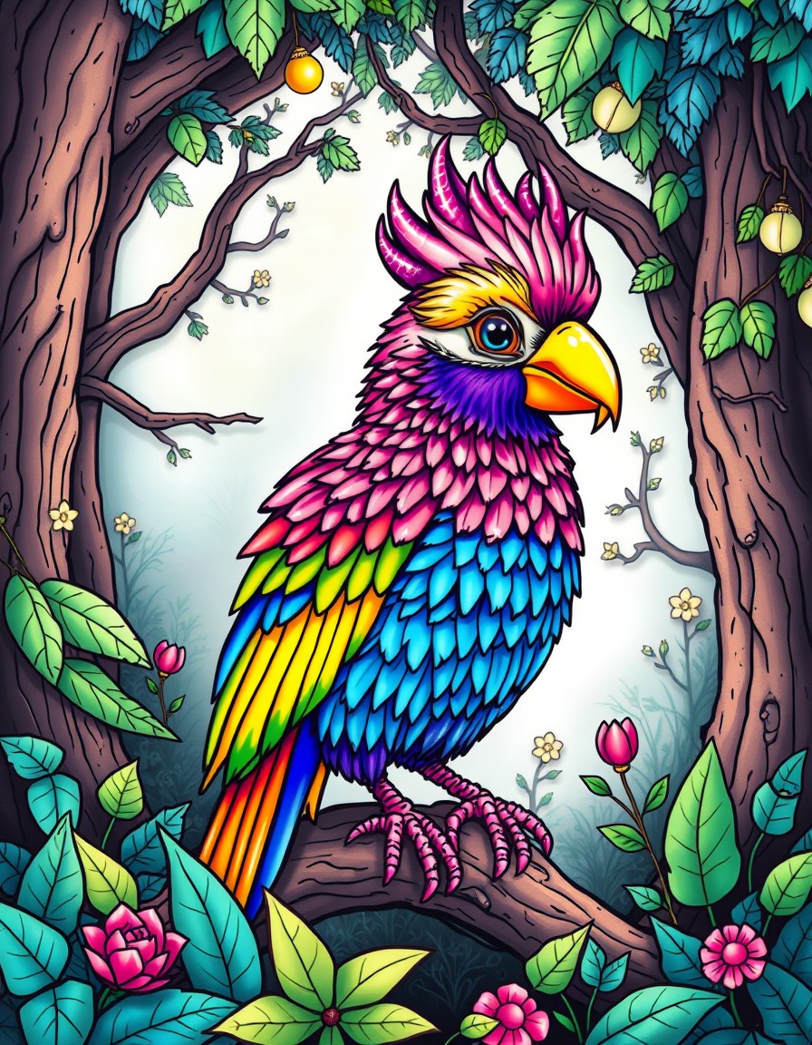 colorful bird with dazzling feathers in a mystical forest, rendered in a 3D cartoon style