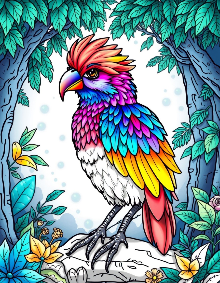colorful bird with dazzling feathers in a mystical forest, rendered in a 3D cartoon style