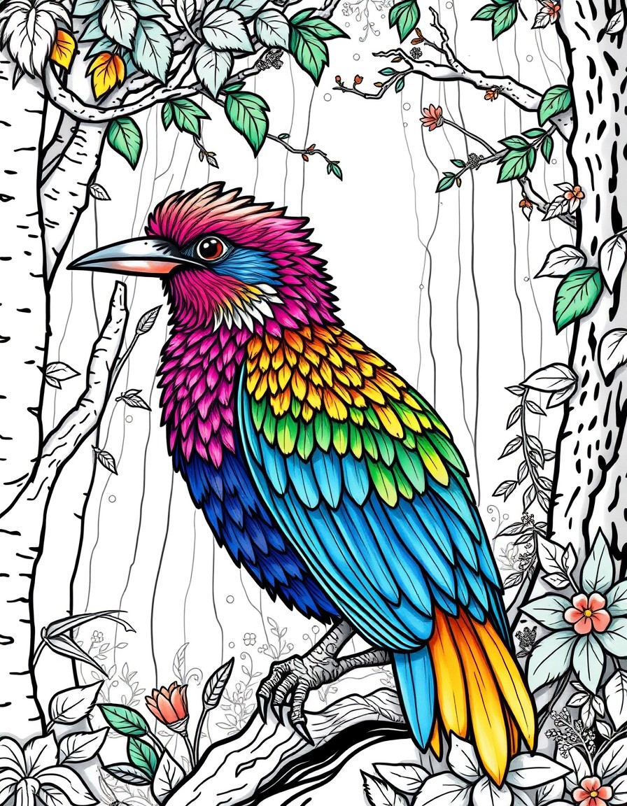 colorful bird with dazzling feathers in a mystical forest, rendered in a 3D cartoon style