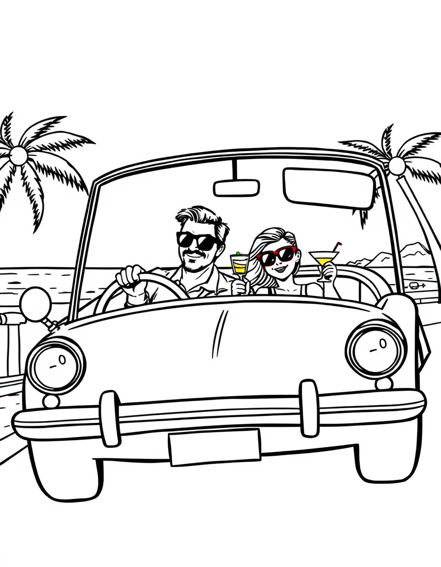 Dad Randy and daughter Emma in a classic car driving alongside the beach wearing sunglasses and sipping mocktails