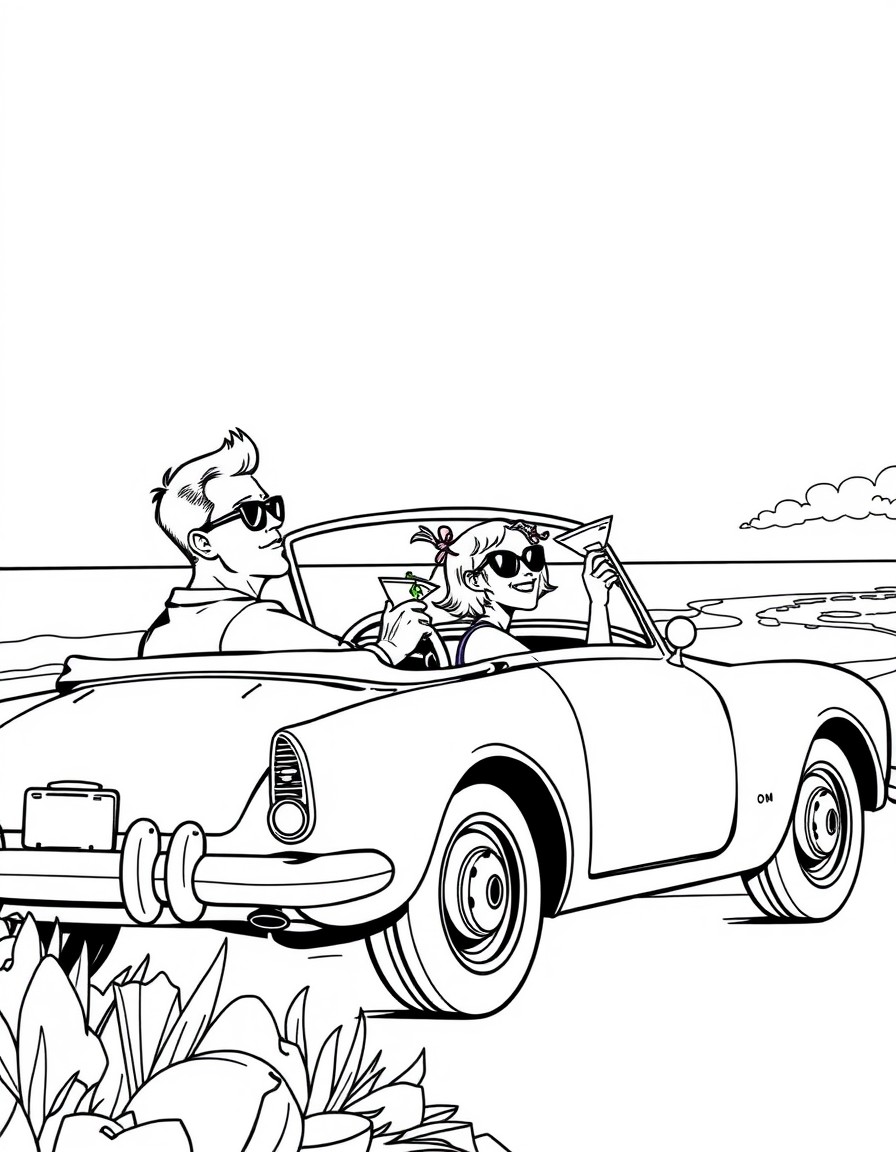 Dad Randy and daughter Emma in a classic car driving alongside the beach wearing sunglasses and sipping mocktails