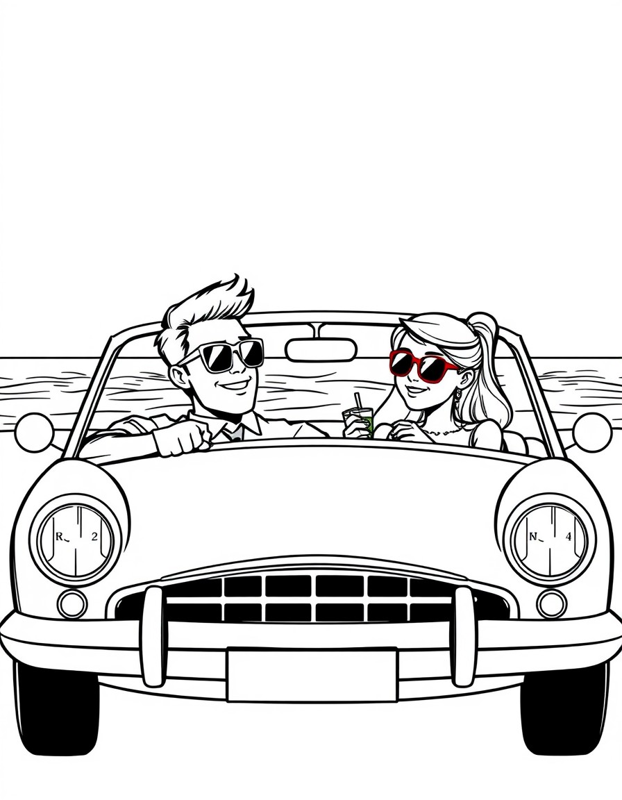 Dad Randy and daughter Emma in a classic car driving alongside the beach wearing sunglasses and sipping mocktails