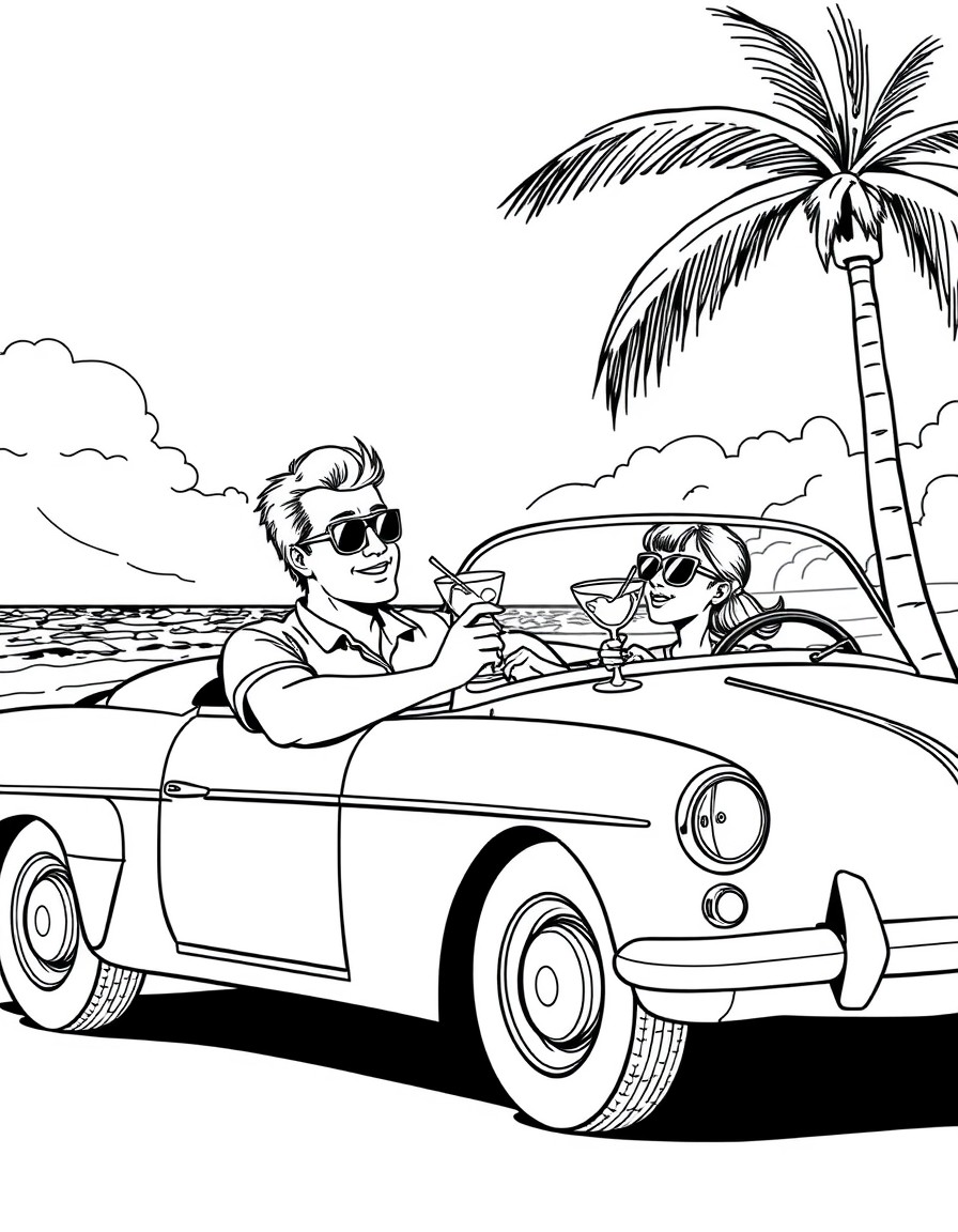 Dad Randy and daughter Emma in a classic car driving alongside the beach wearing sunglasses and sipping mocktails