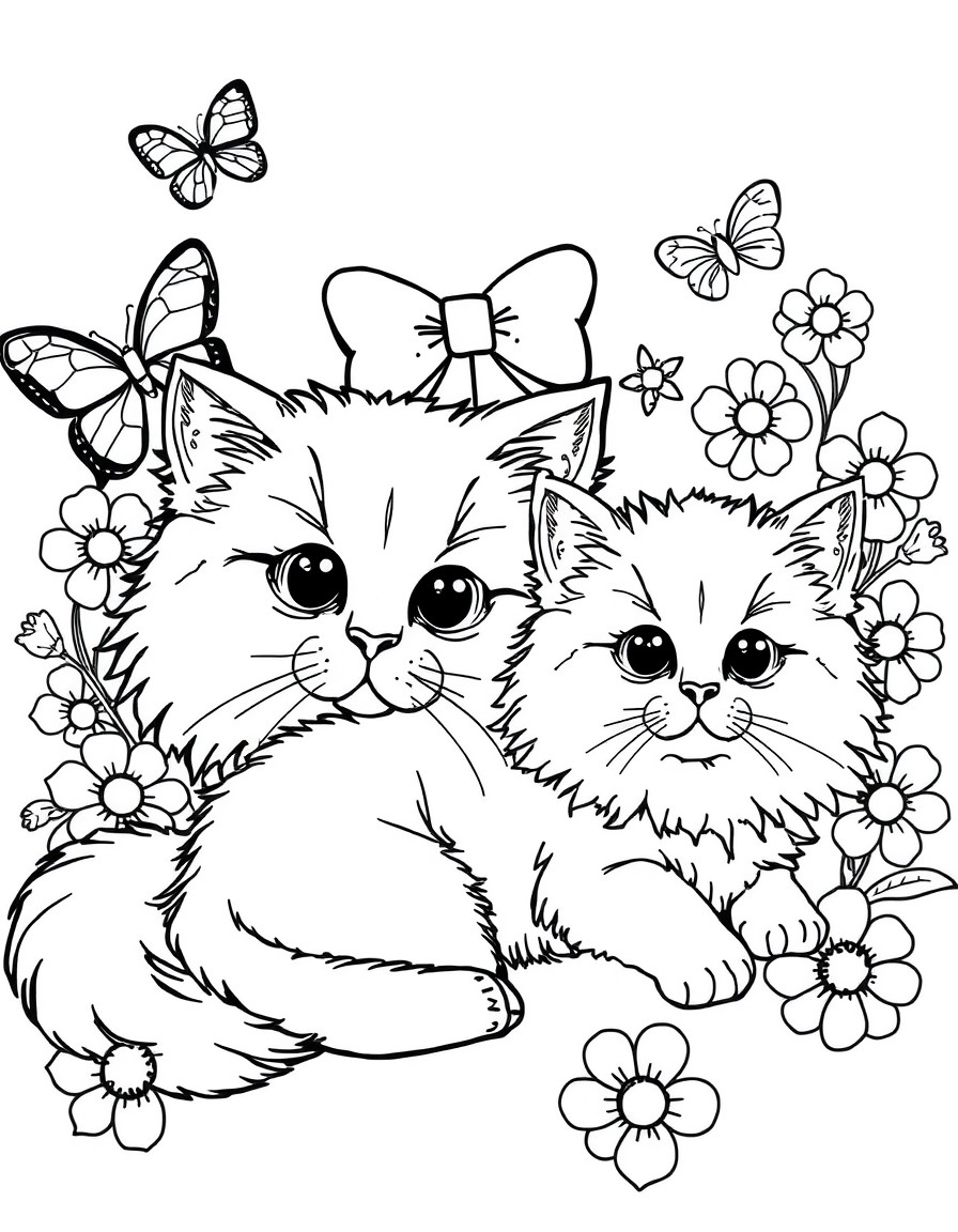 A black-and-white outlined illustration of a Persian cat mother and her fluffy kitten lying down. Both have big round eyes and flat noses. Background includes a bow, a butterfly, and a few flowers. No