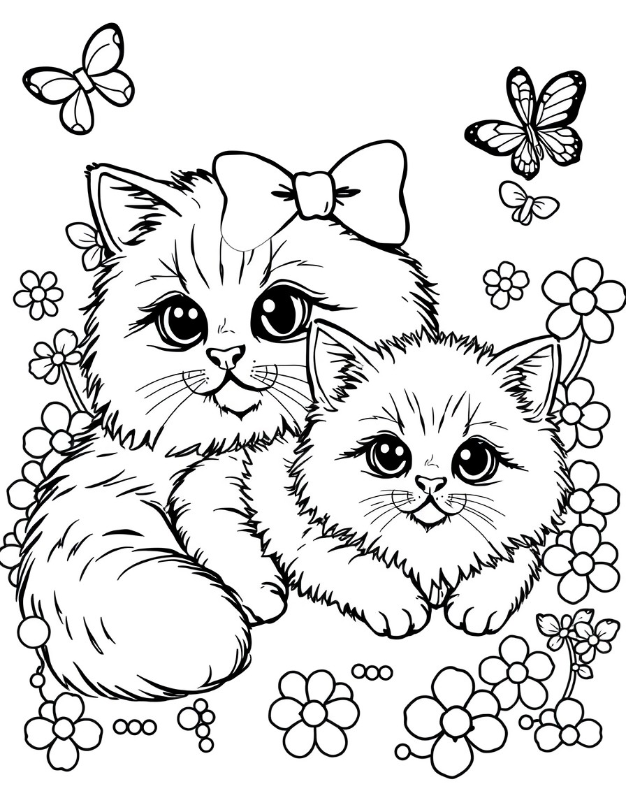 A black-and-white outlined illustration of a Persian cat mother and her fluffy kitten lying down. Both have big round eyes and flat noses. Background includes a bow, a butterfly, and a few flowers. No