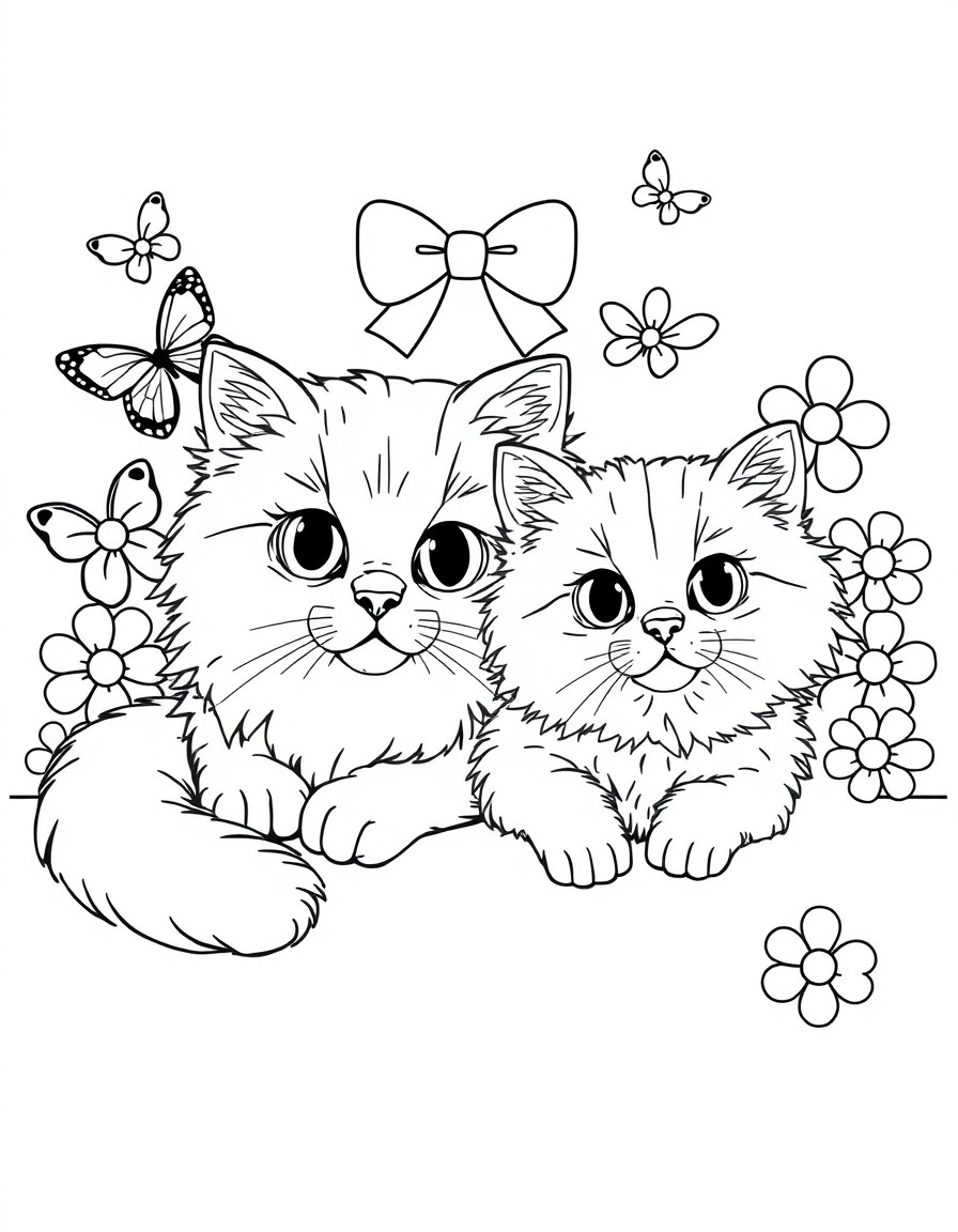 A black-and-white outlined illustration of a Persian cat mother and her fluffy kitten lying down. Both have big round eyes and flat noses. Background includes a bow, a butterfly, and a few flowers. No