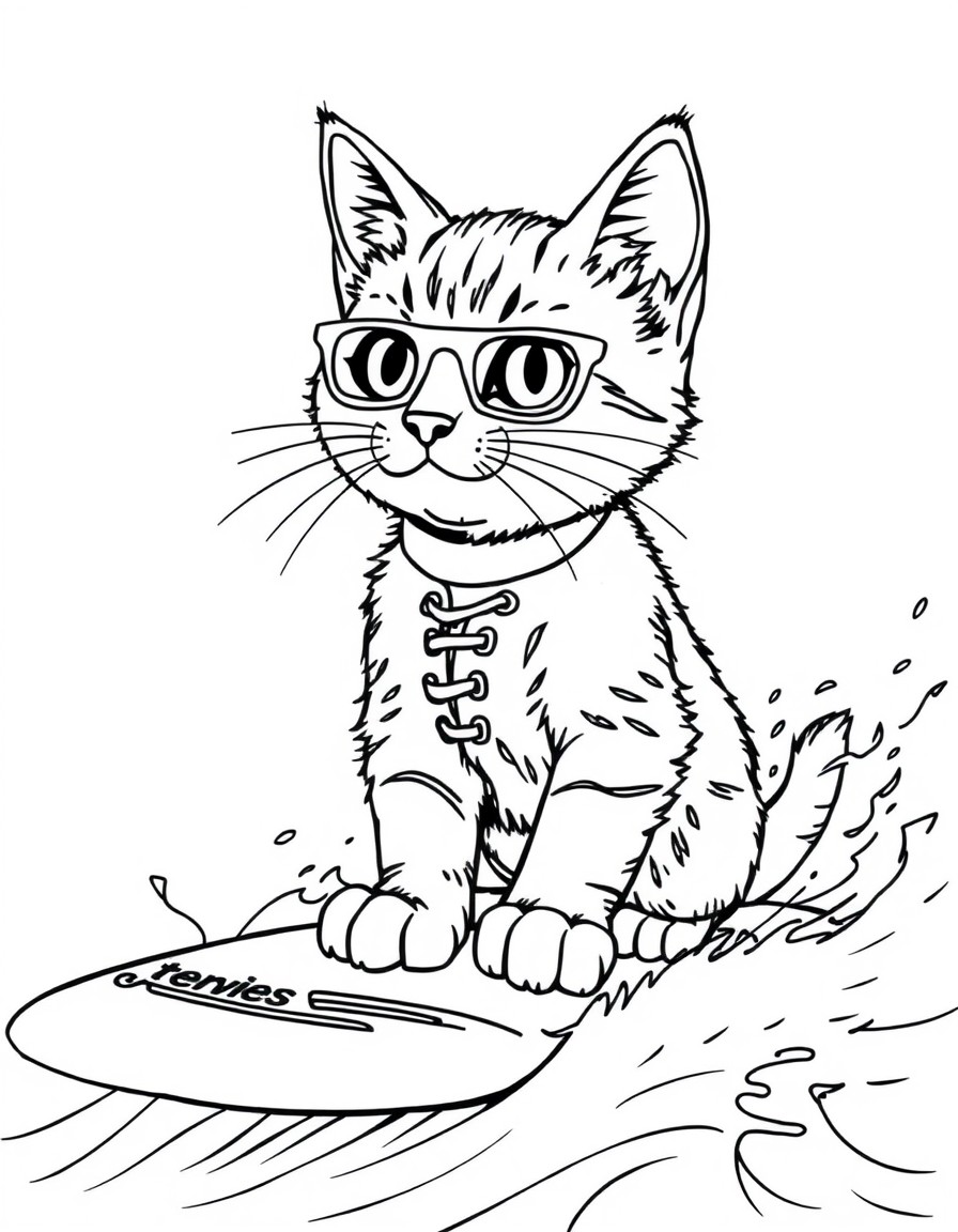 um gato em cima de uma prancha de surf, vestindo um tenis da nyke