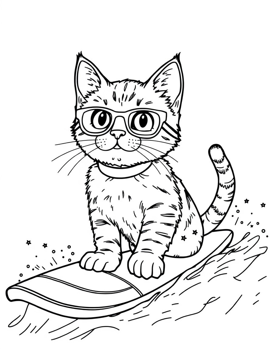 um gato em cima de uma prancha de surf, vestindo um tenis da nyke