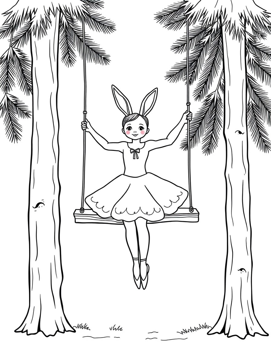 A ballerina who has rabbit ears and three snow fox tails and is swinging on a wooden swing between two pine trees.