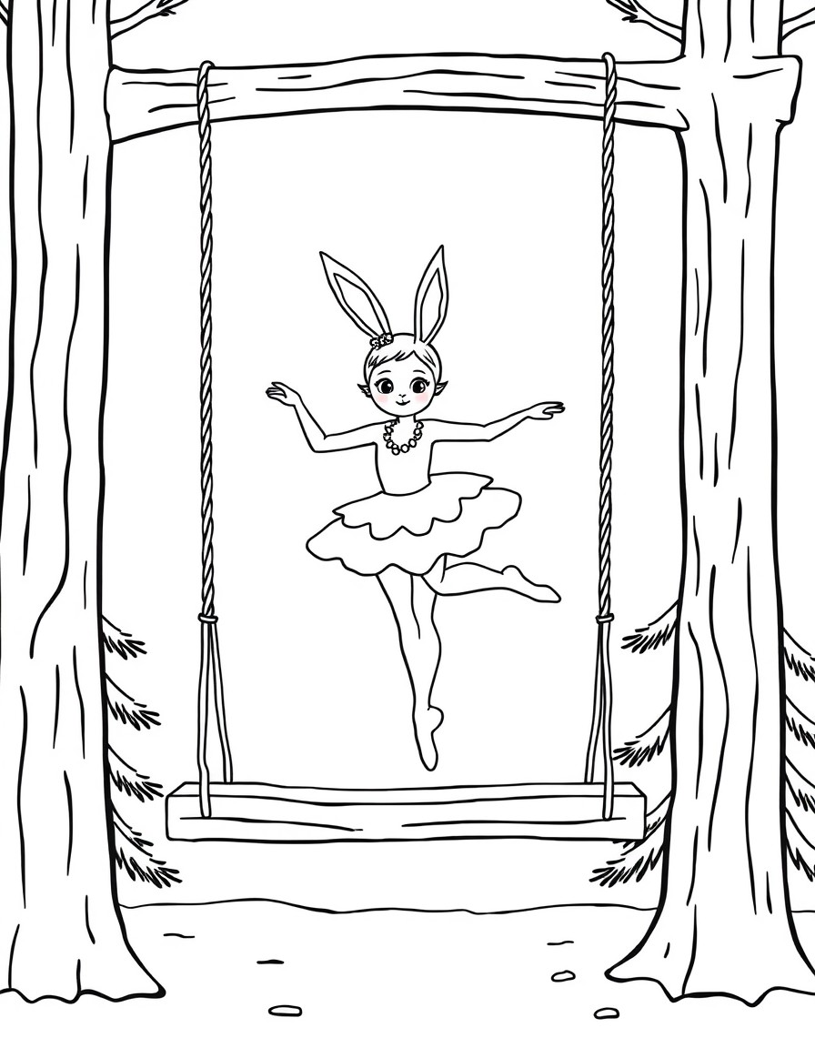 A ballerina who has rabbit ears and three snow fox tails and is swinging on a wooden swing between two pine trees.