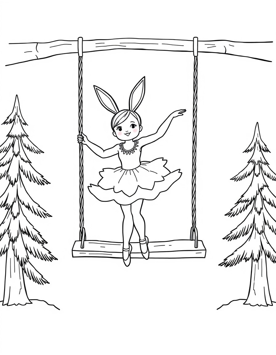 A ballerina who has rabbit ears and three snow fox tails and is swinging on a wooden swing between two pine trees.