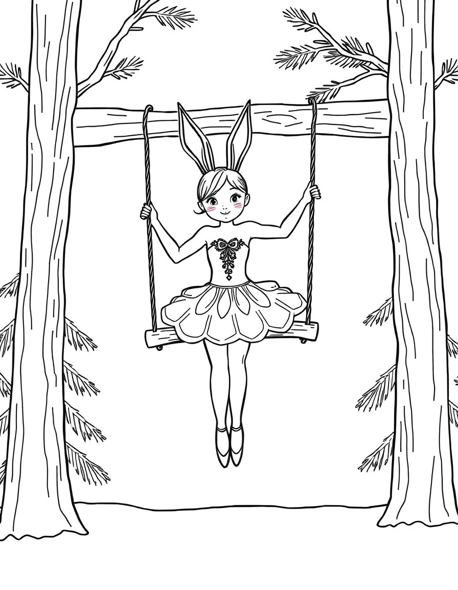 A ballerina who has rabbit ears and three snow fox tails and is swinging on a wooden swing between two pine trees.