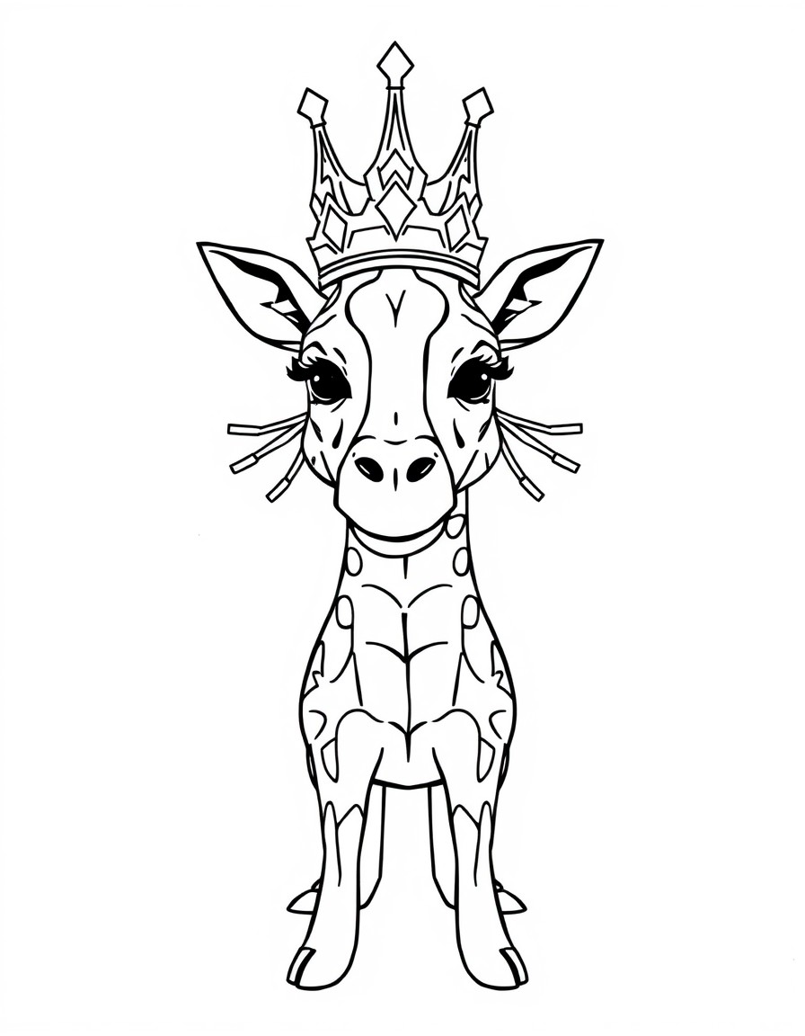 A queen with a real dog crown and a giraffe head with a long neck and fifteen noses and six legs