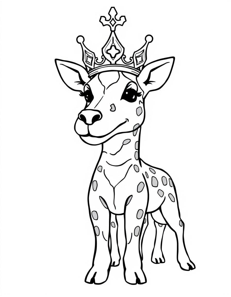 A queen with a real dog crown and a giraffe head with a long neck and fifteen noses and six legs