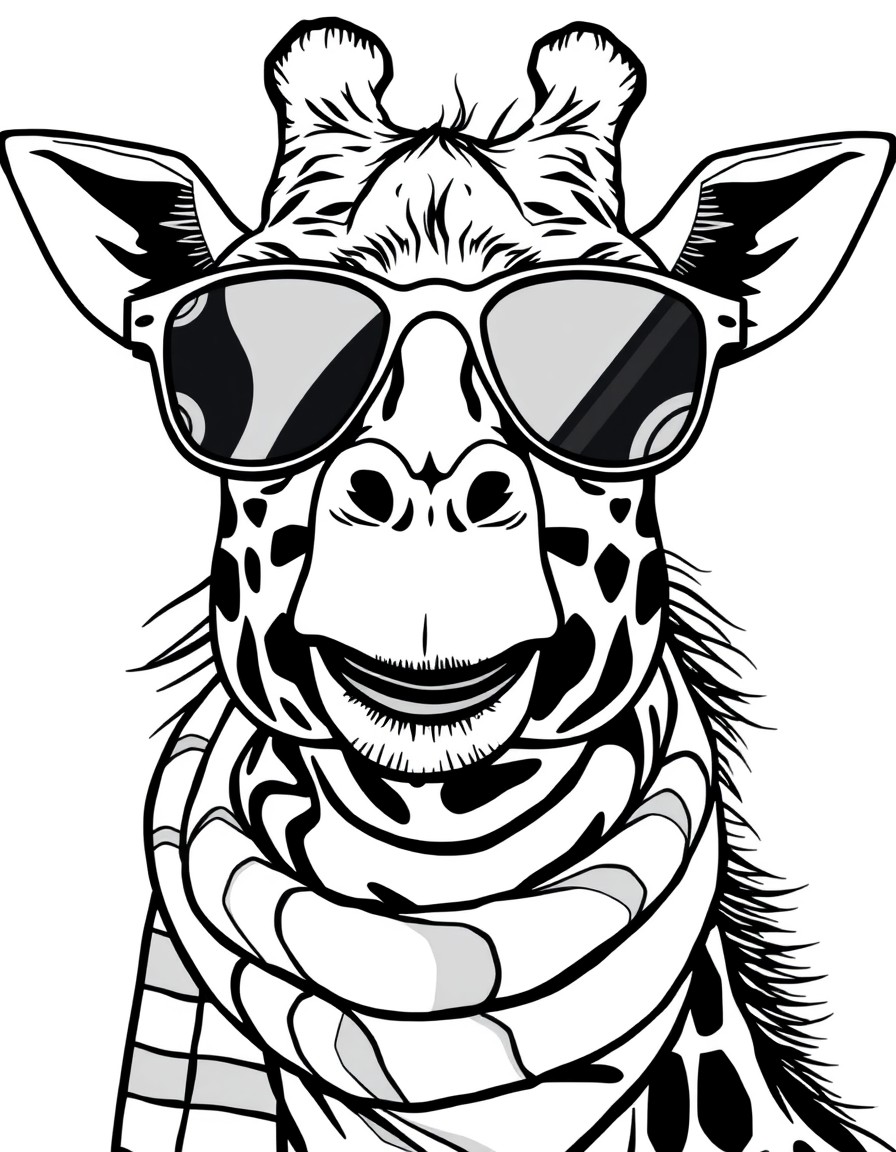 A funky giraffe wearing sunglasses and a striped scarf