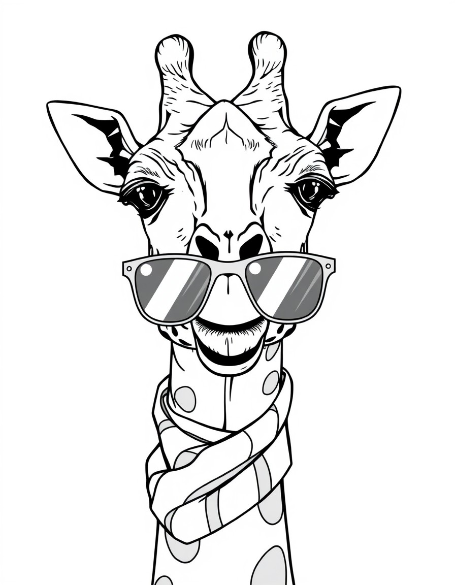 A funky giraffe wearing sunglasses and a striped scarf