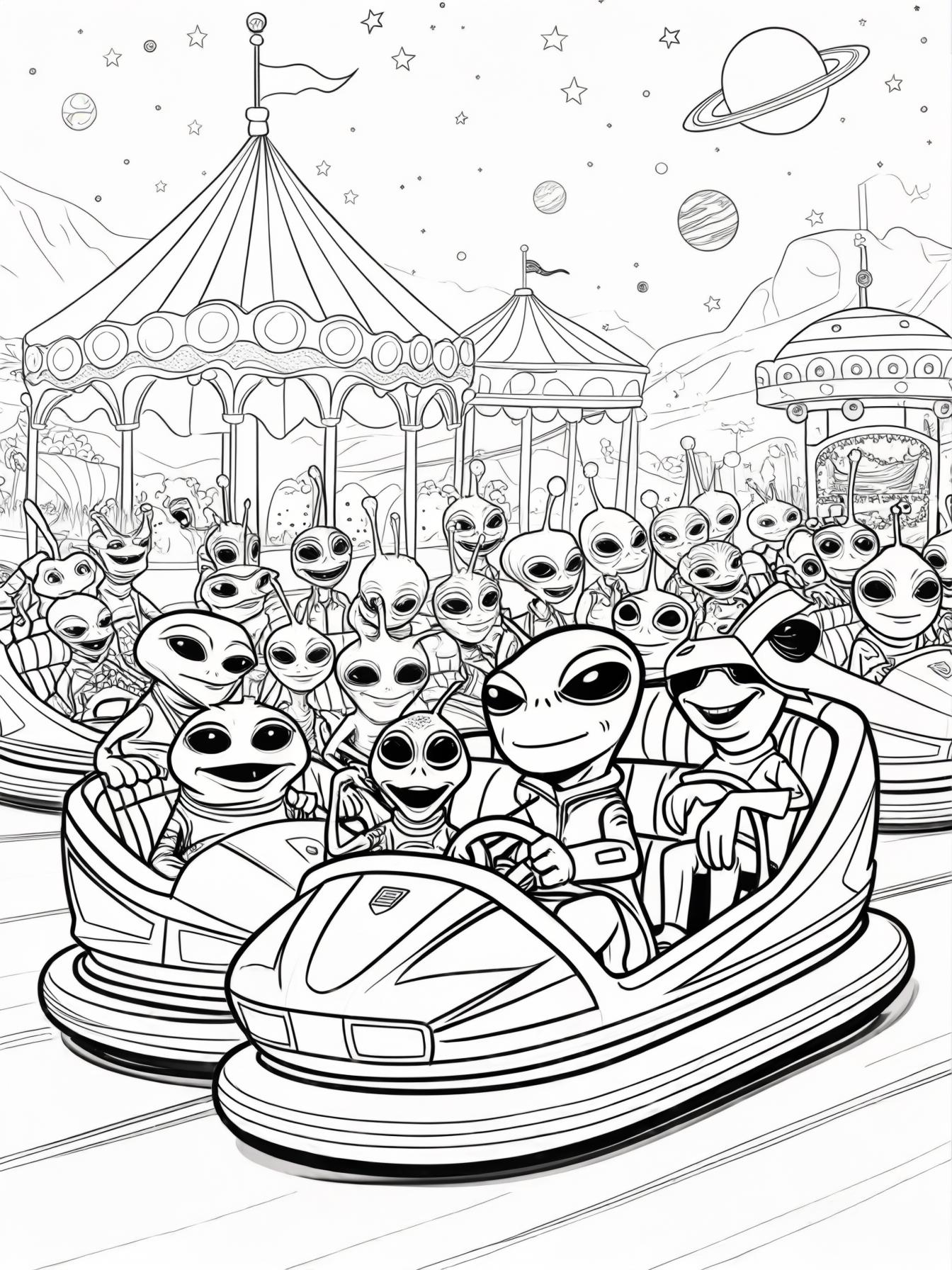 A swarm of playful aliens riding bumper cars on a faraway planet carnival