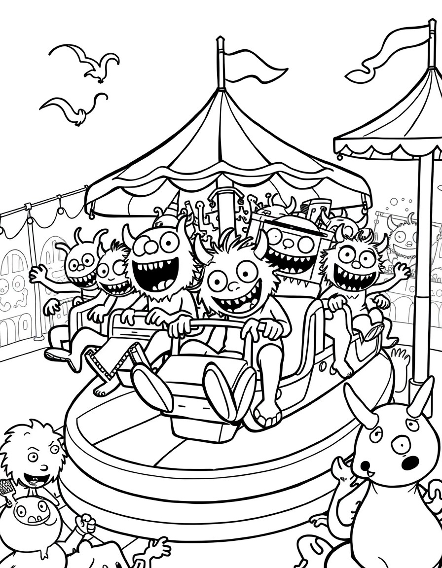 A swarm of playful cute little monsters riding rides at a carnival