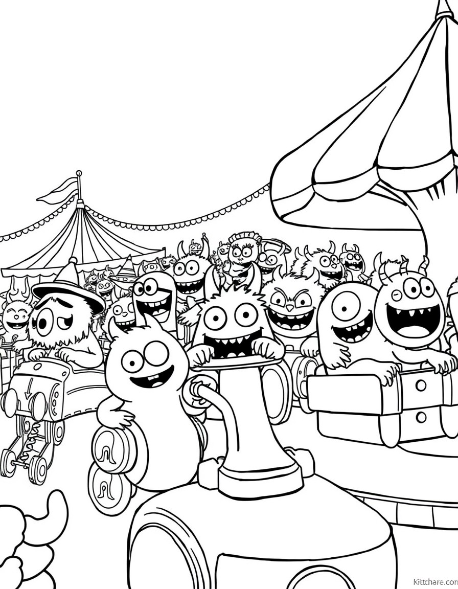 A swarm of playful cute little monsters riding rides at a carnival