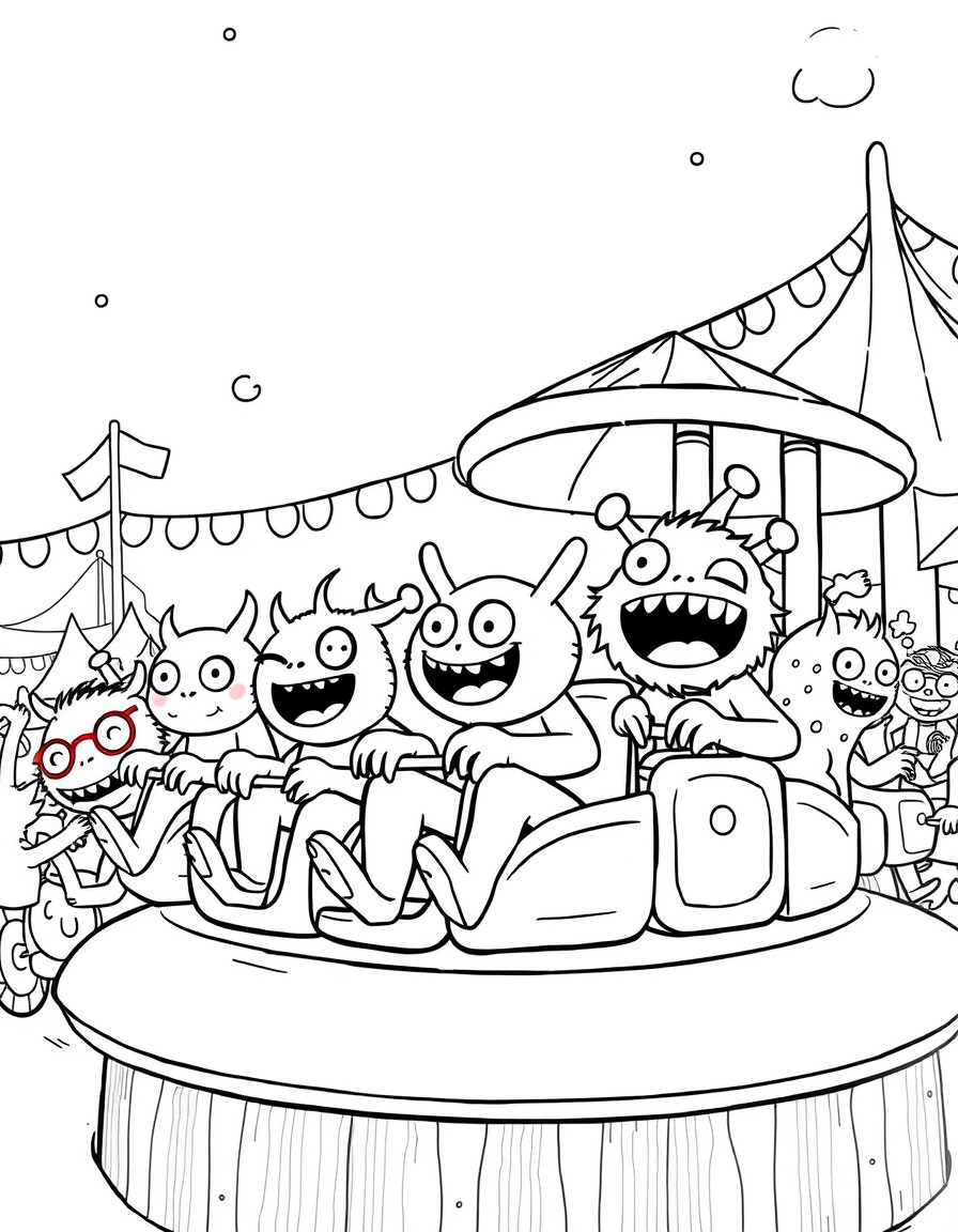A swarm of playful cute little monsters riding rides at a carnival