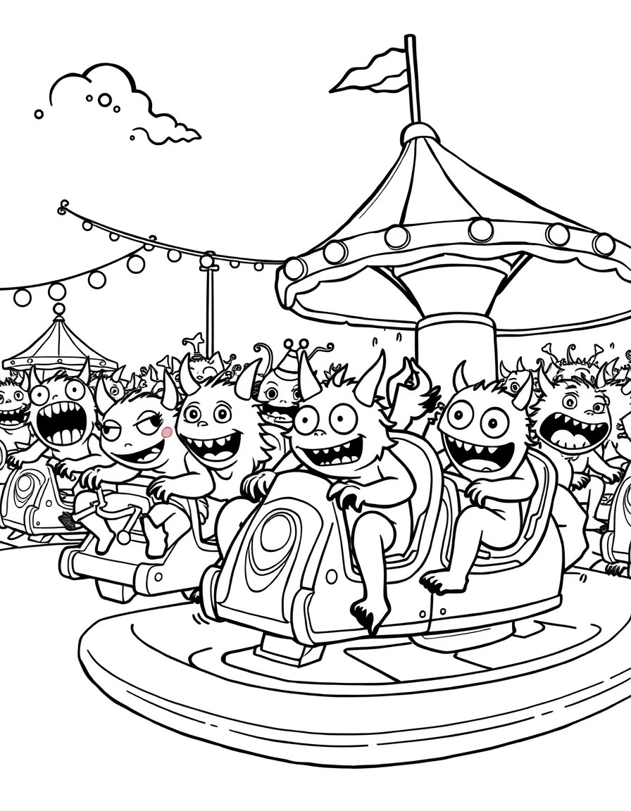 A swarm of playful cute little monsters riding rides at a carnival