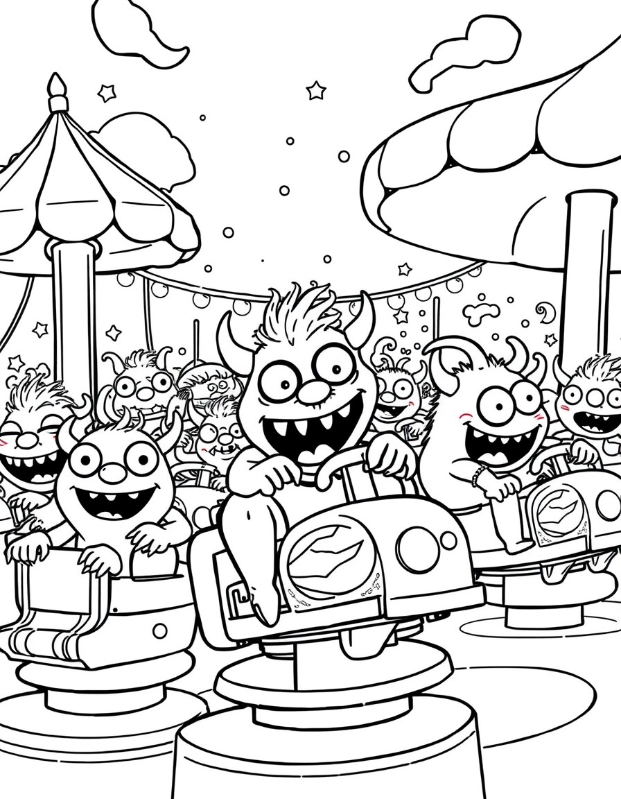 A swarm of playful cute little monsters riding rides at a carnival