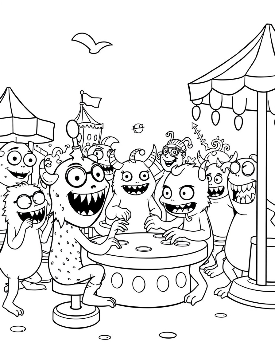 A swarm of playful cute little monsters plying carnival games