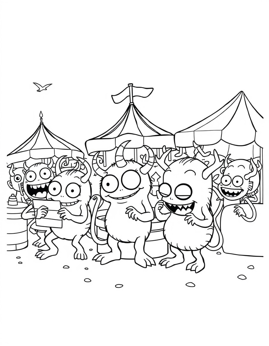 A swarm of playful cute little monsters plying carnival games