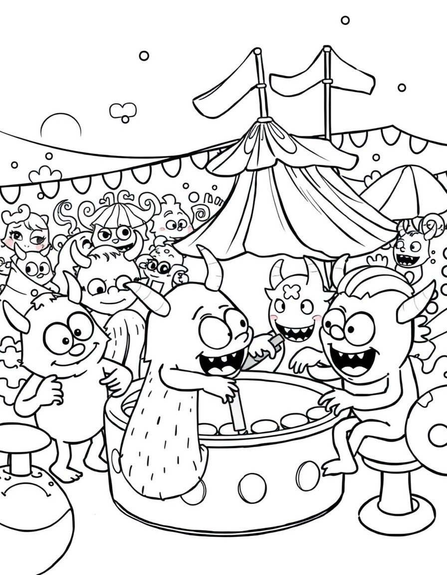 A swarm of playful cute little monsters plying carnival games
