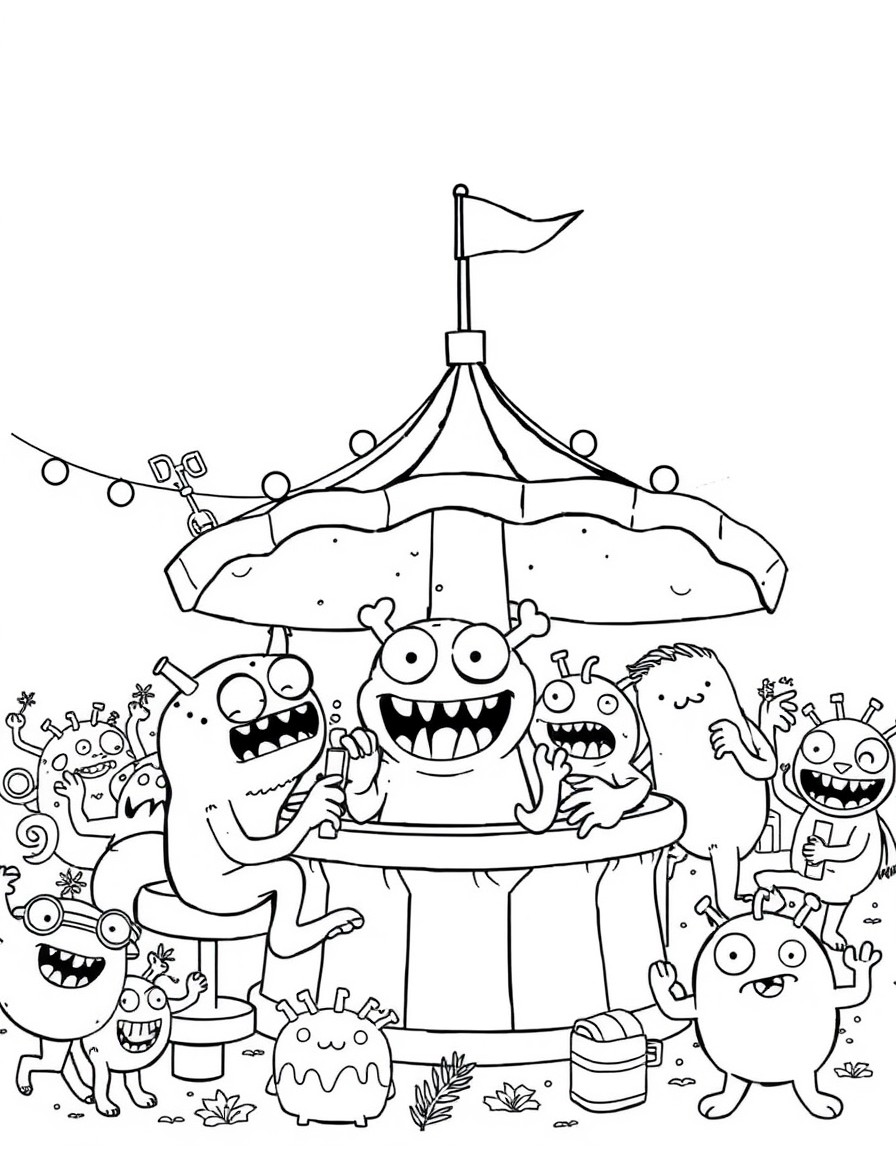 A swarm of playful cute little monsters plying carnival games