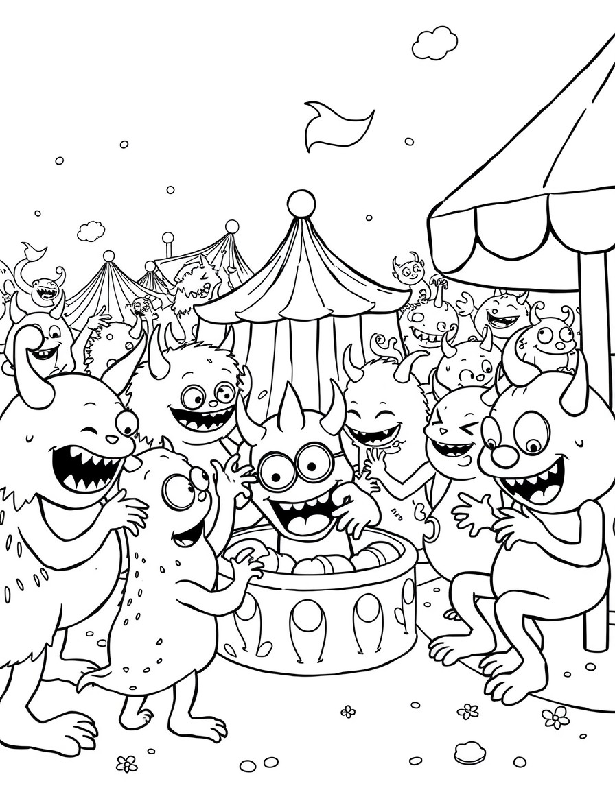 A swarm of playful cute little monsters plying carnival games