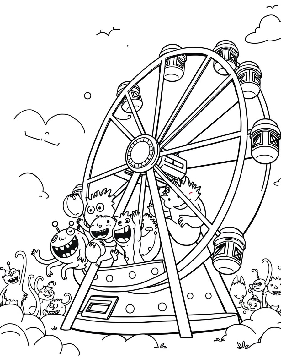 A swarm of playful cute little monsters riding carnival Ferris wheel