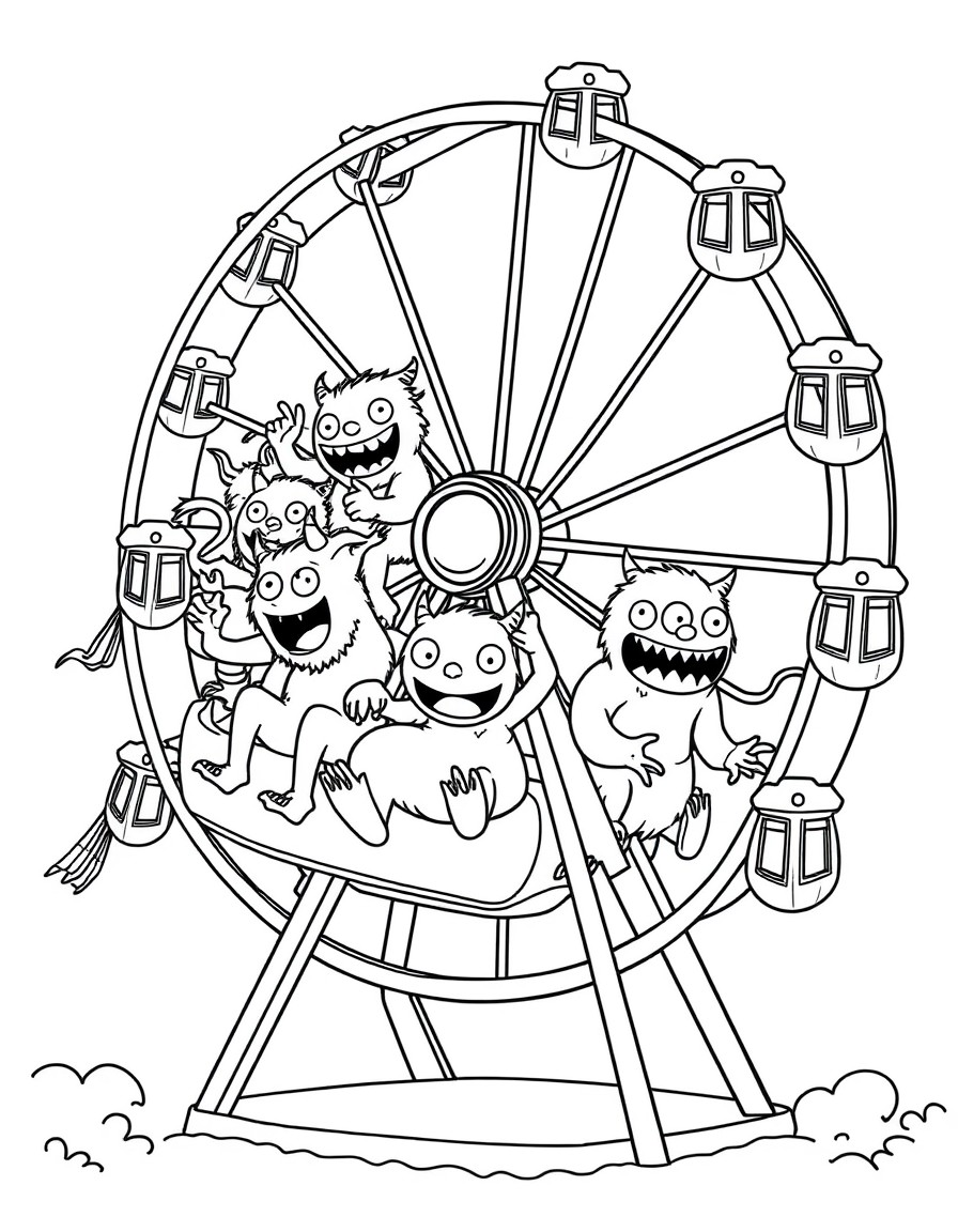 A swarm of playful cute little monsters riding on a ferris wheel