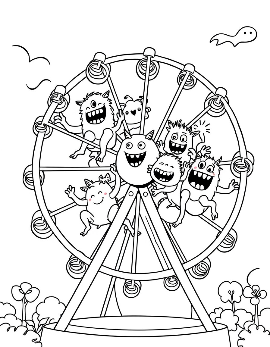 A swarm of playful cute little monsters riding on a ferris wheel