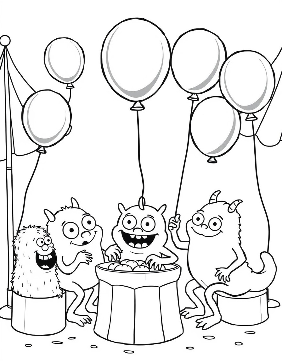 A bunch of playful cute little monsters playing balloon games at the carnival