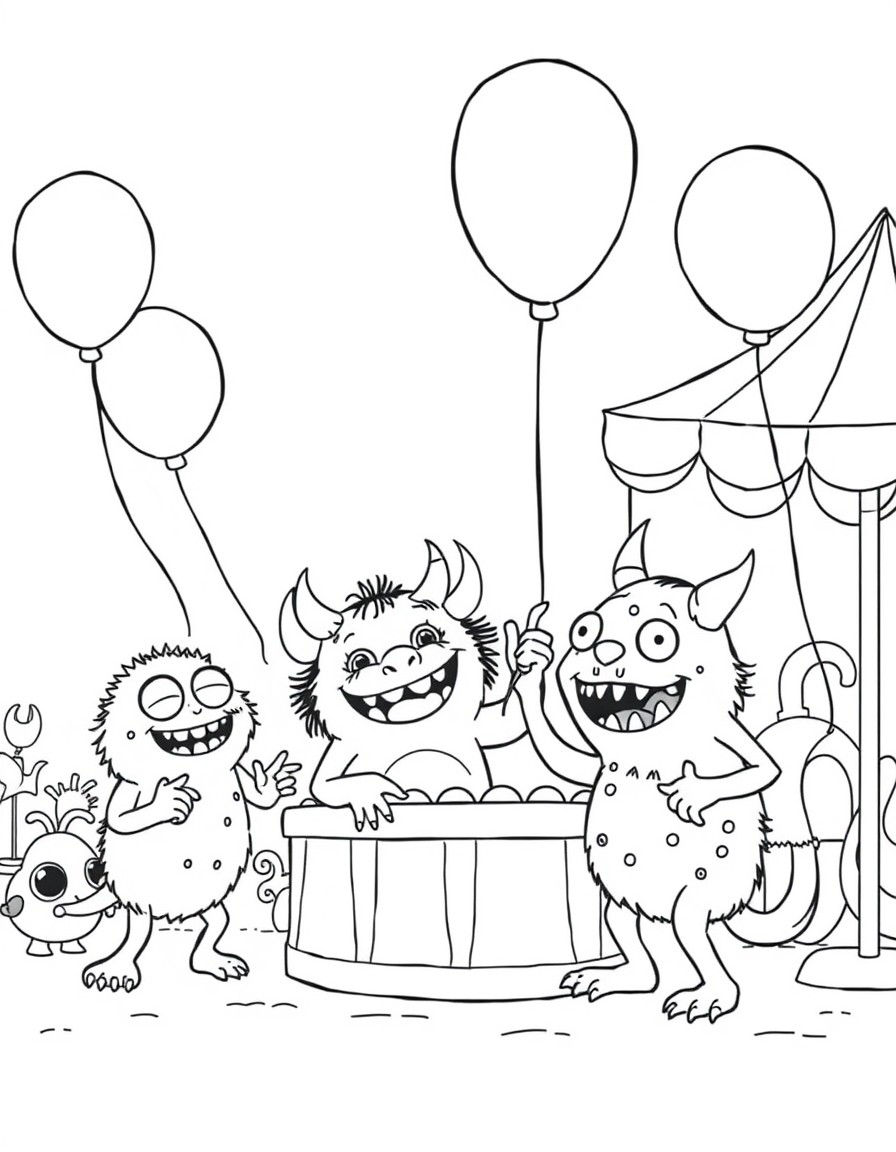 A bunch of playful cute little monsters playing balloon games at the carnival