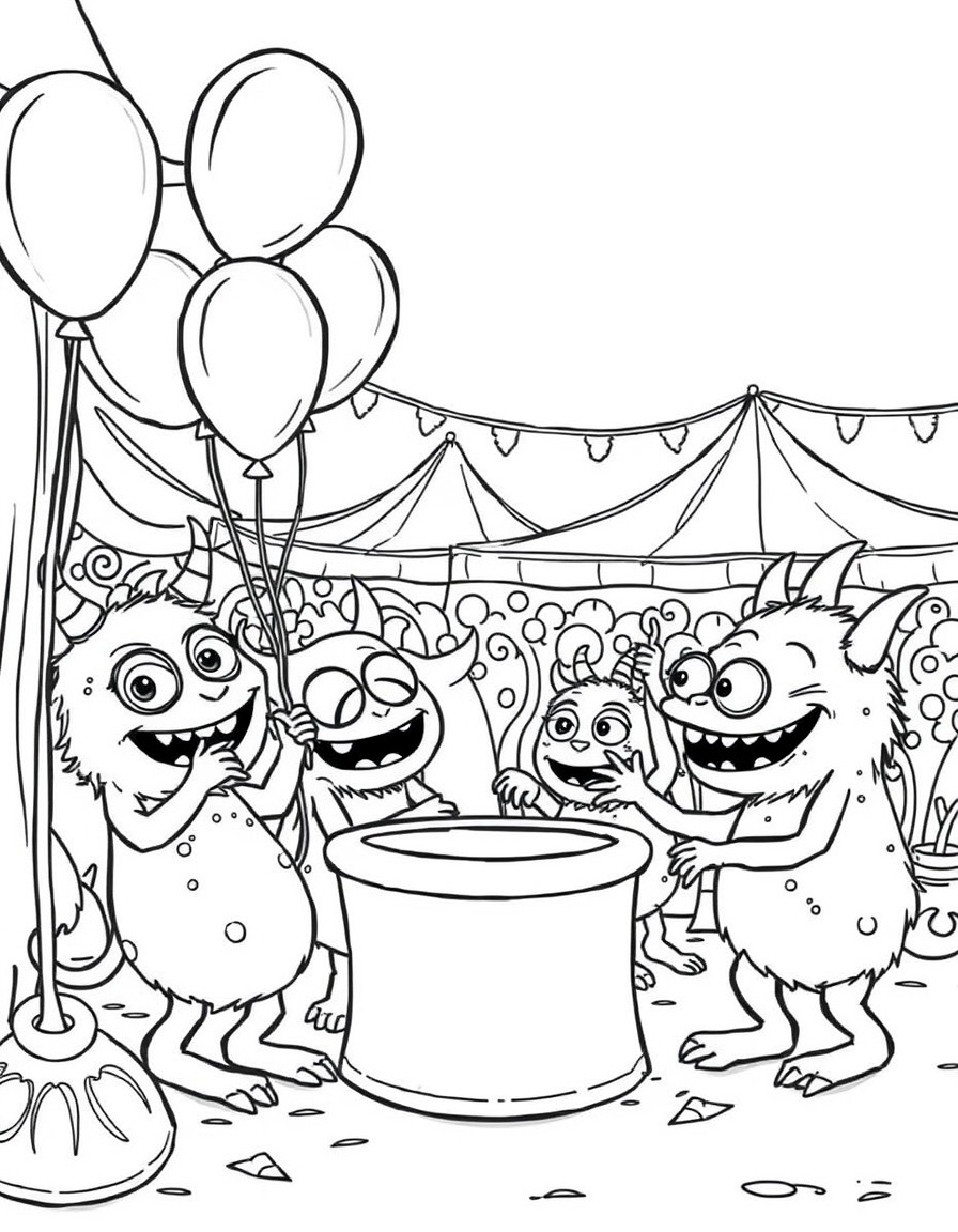 A bunch of playful cute little monsters playing balloon games at the carnival