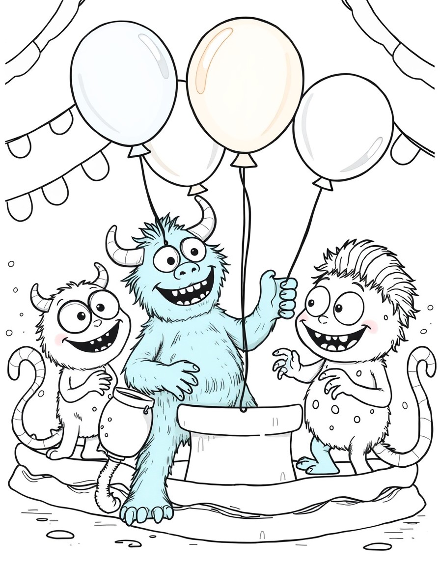 A bunch of playful cute little monsters playing balloon games at the carnival