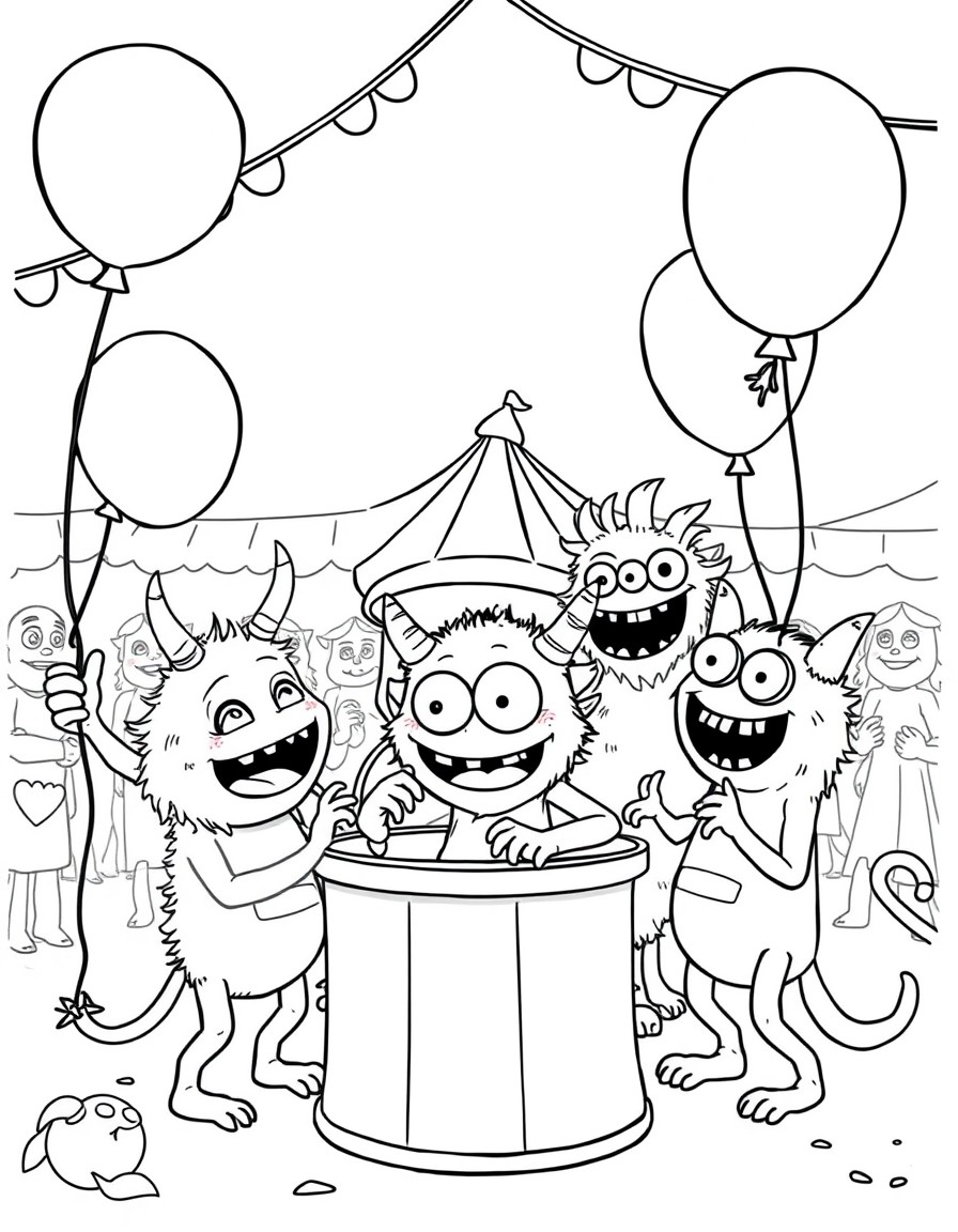 A bunch of playful cute little monsters playing balloon games at the carnival