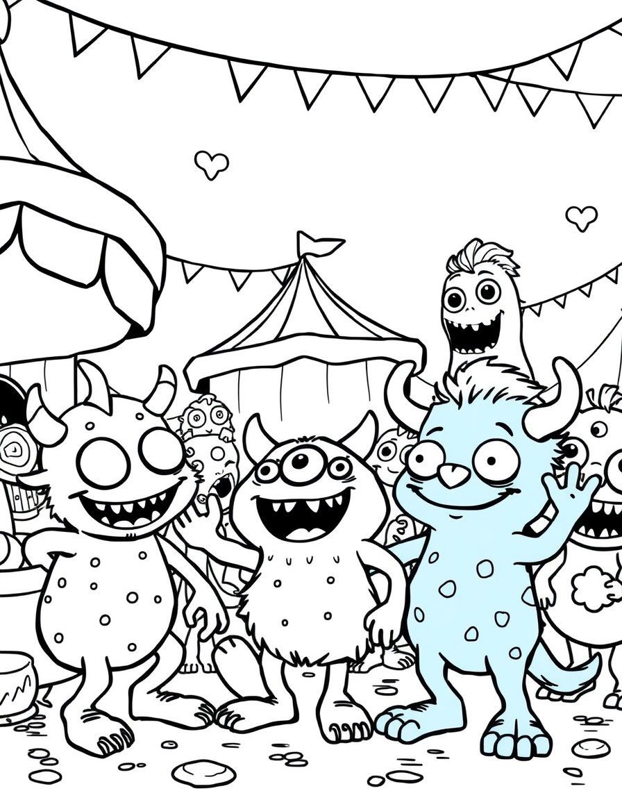 A bunch of playful cute little monsters having fun at the carnival