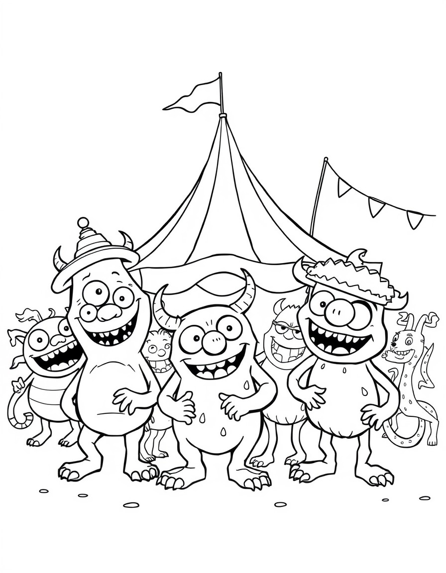 A bunch of playful cute little monsters having fun at the carnival