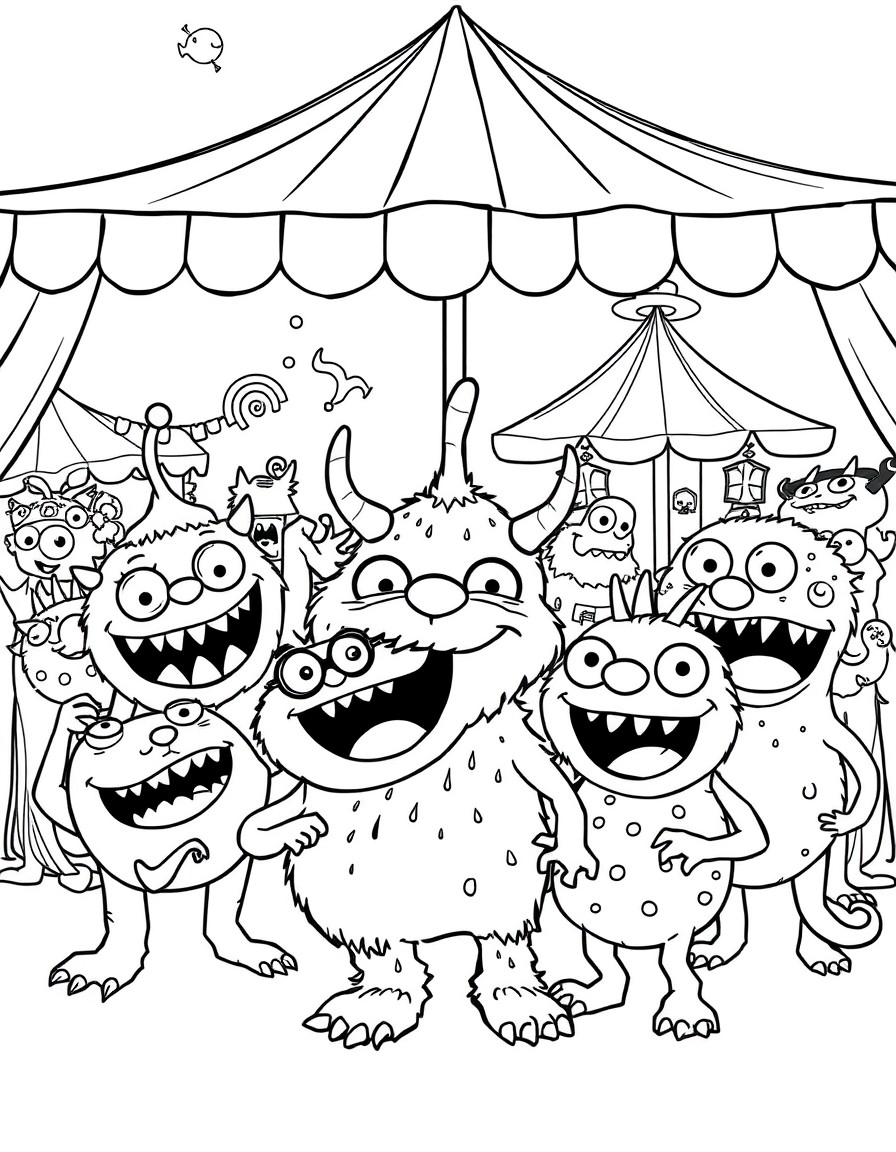 A bunch of playful cute little monsters having fun at the carnival