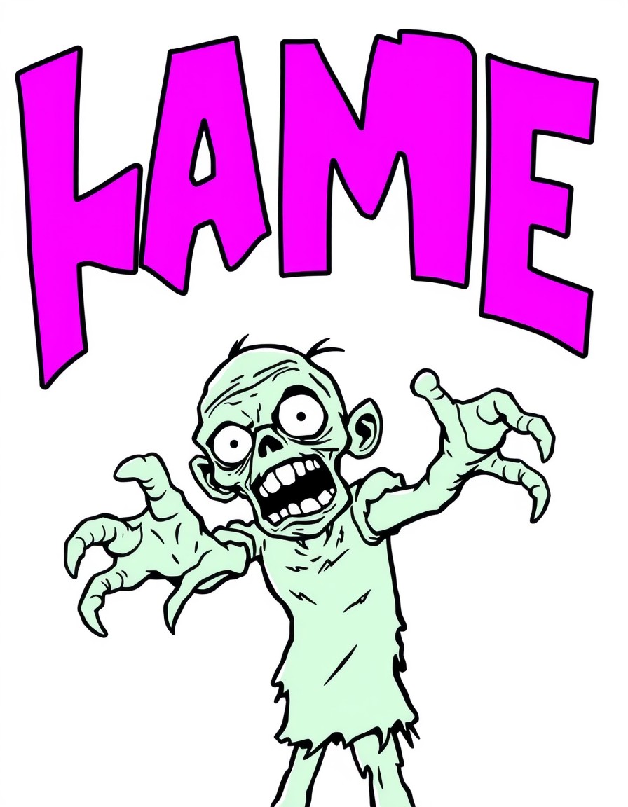 1980s horror-comedy comic book cover, bright neon green background, giant geometric purple title logo dominating the top half of the image, grotesque cartoon zombie reaching toward the viewer with an