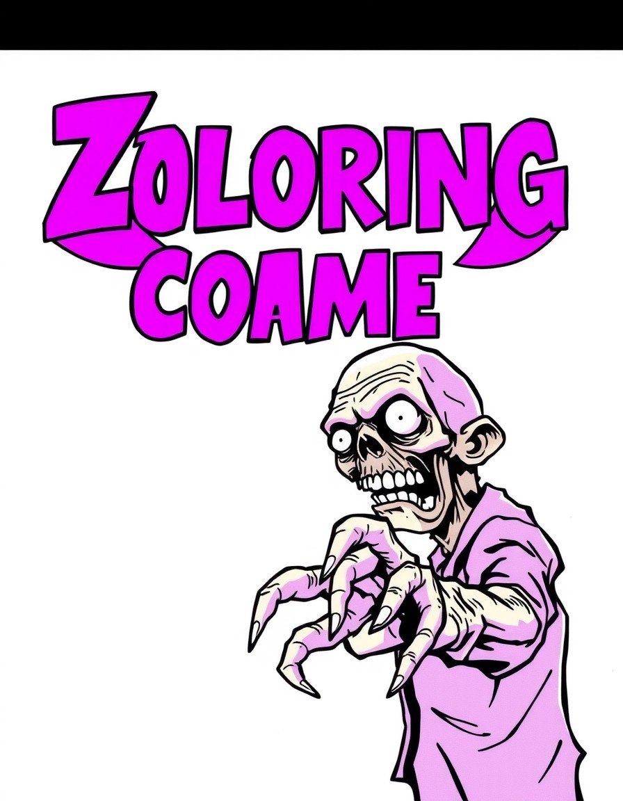 1980s horror-comedy comic book cover, bright neon green background, giant geometric purple title logo dominating the top half of the image, grotesque cartoon zombie reaching toward the viewer with an