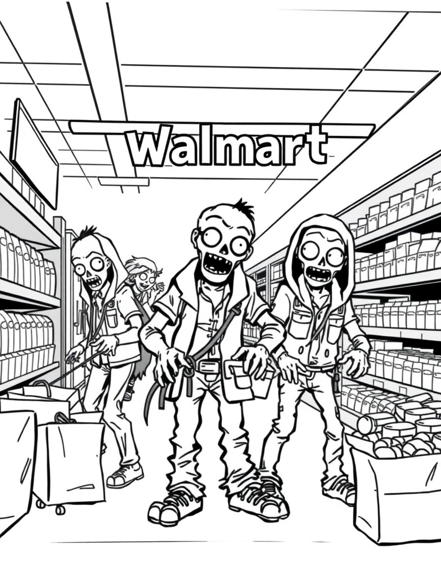 Zombies working at Walmart and comic book style