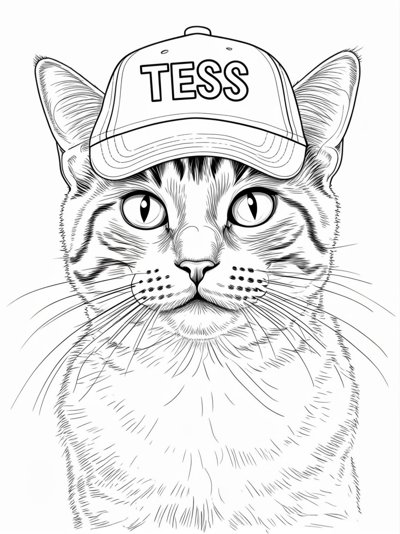 A cat wearing a cap with the name "TESS" on it.
