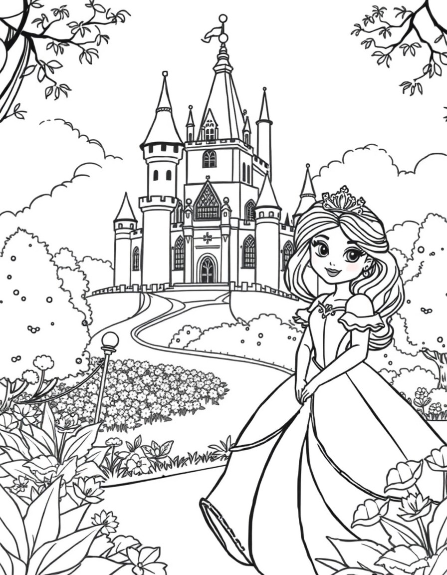 A princess with A big castle in the background with a beautiful garden